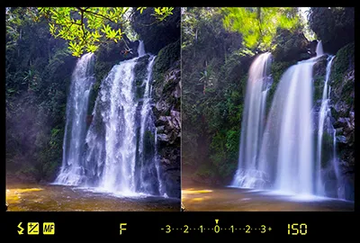 2 waterfalls one with frozen and the other blurred water